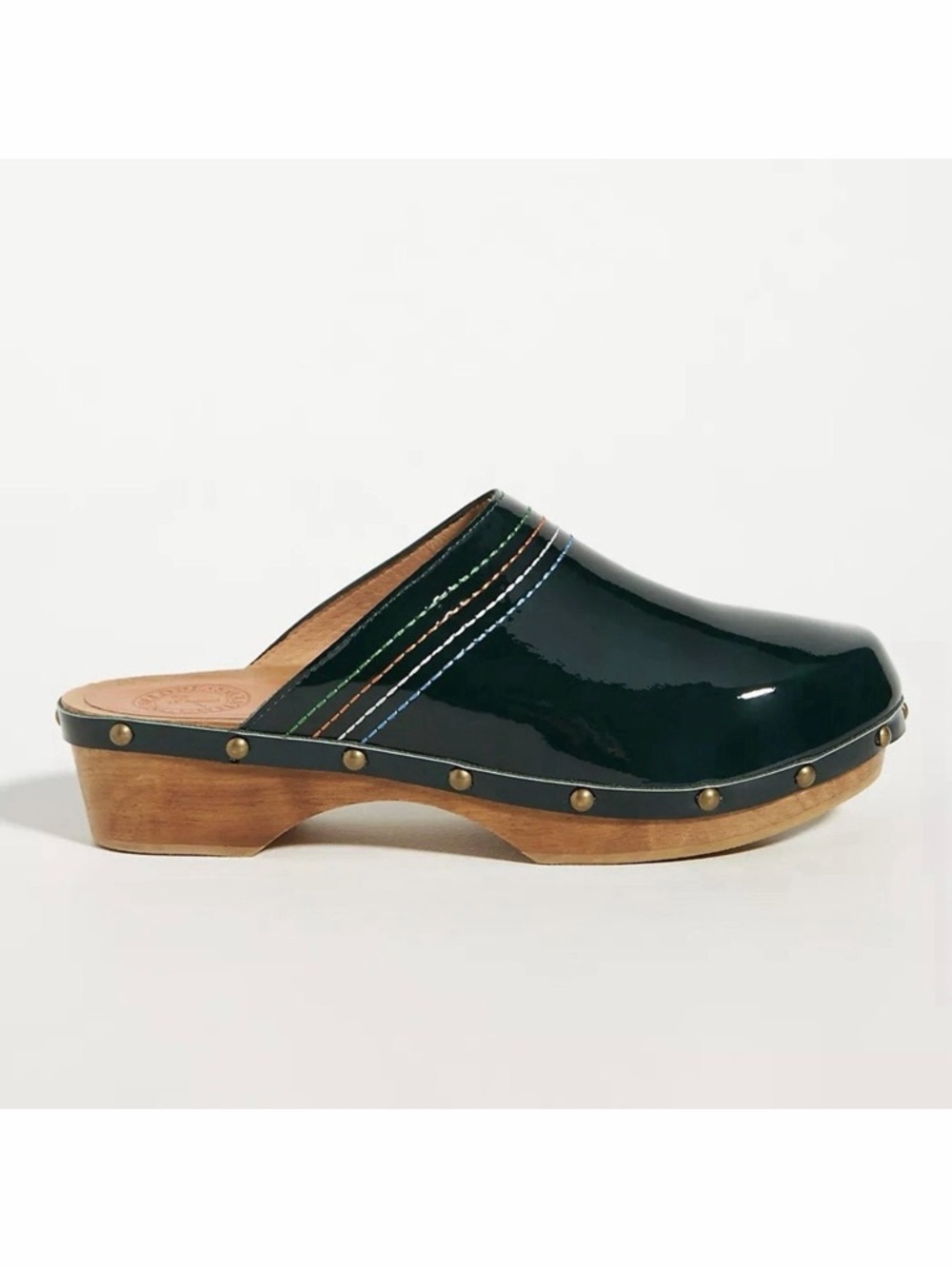 Penelope Chilvers Patent Leather Clogs Dark Green Stitched Size 37 US 6